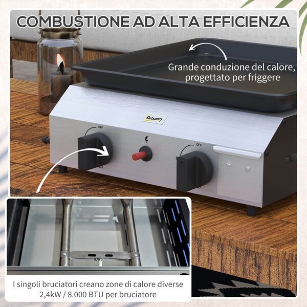 Outsunny Piastra Barbecue a Gas con 2 Bruciatori, Potenza 4.8kw, Argento|Aosom