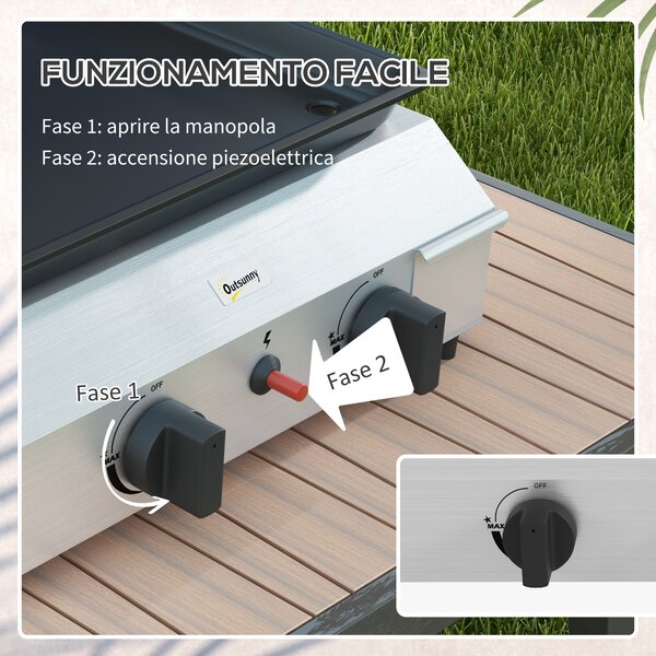 Outsunny Piastra Barbecue a Gas con 2 Bruciatori, Potenza 4.8kw, Argento|Aosom