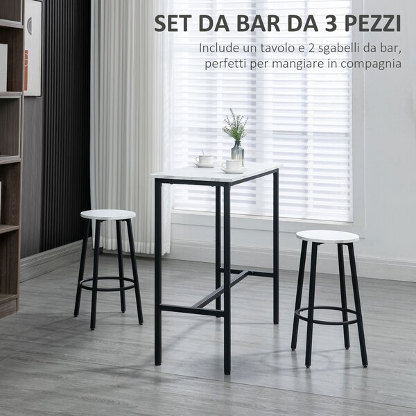 HOMCOM Set 3 Pezzi con Tavolo Rettangolare e 2 Sgabelli da Bar in Truciolato, MDF e Acciaio, Bianco e Nero|Aosom