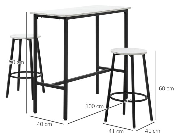 HOMCOM Set 3 Pezzi con Tavolo Rettangolare e 2 Sgabelli da Bar in Truciolato, MDF e Acciaio, Bianco e Nero|Aosom