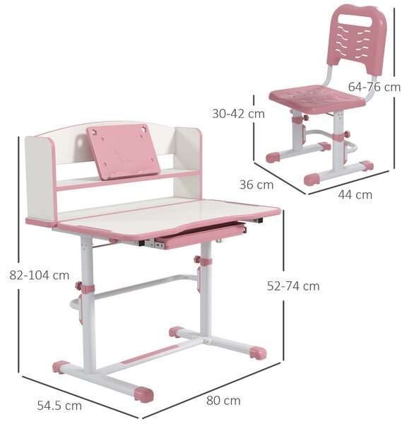 ZONEKIZ Set Tavolo e Sedie per Bambini 6-12 Anni con Altezza Regolabile e Piano Inclinabile a 45°, cassetto e scaffale, in acciaio e MD|Aosom Italy
