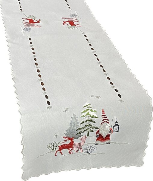 Stola bianca natalizia con ricamo di elfi e renne Larghezza: 40 cm | Lunghezza: 220 cm