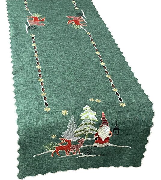 Stola natalizia verde con ricamo elfi e renne Larghezza: 40 cm | Lunghezza: 160 cm