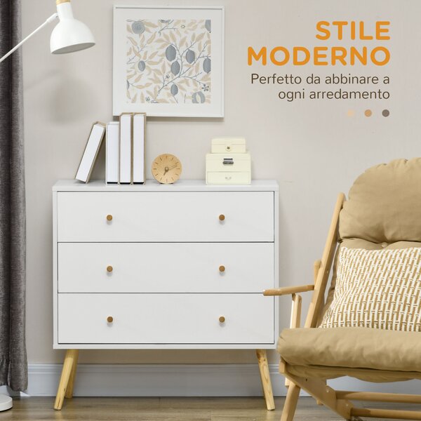 HOMCOM Cassettiera 3 Cassetti con Maniglie in Truciolato e Legno di Pino per Soggiorno e Camera da Letto, 80x30x80 cm, Bianco|Aosom