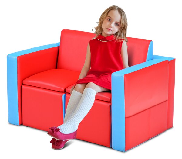 Costway Set tavolo e sedia multifunzionale per bambini, Divano poltrona per bambini in PVC e legno Rosso e blu