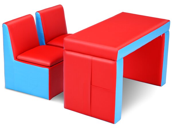 Costway Set tavolo e sedia multifunzionale per bambini, Divano poltrona per bambini in PVC e legno Rosso e blu