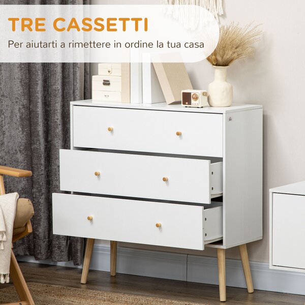 HOMCOM Cassettiera 3 Cassetti con Maniglie in Truciolato e Legno di Pino per Soggiorno e Camera da Letto, 80x30x80 cm, Bianco|Aosom