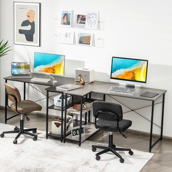 Costway Scrivania angolare 120cm con 2 ripiani, Scrivania per computer ad angolo da ufficio reversibile salvaspazio Grigio