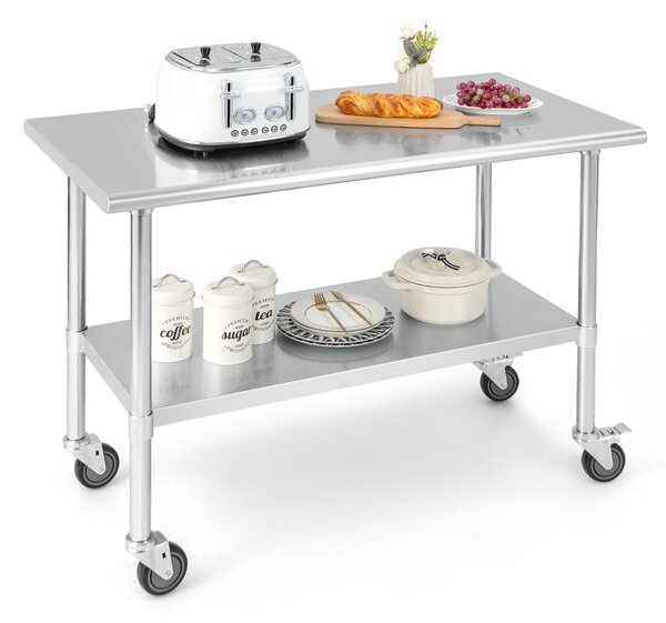 Costway Tavolo per cucinare in acciaio con 4 ruote piroettanti ripiano regolabile, Carrello per cucina e ristorante