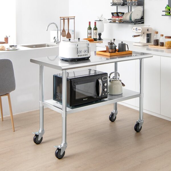 Costway Tavolo per cucinare in acciaio con 4 ruote piroettanti ripiano regolabile, Carrello per cucina e ristorante