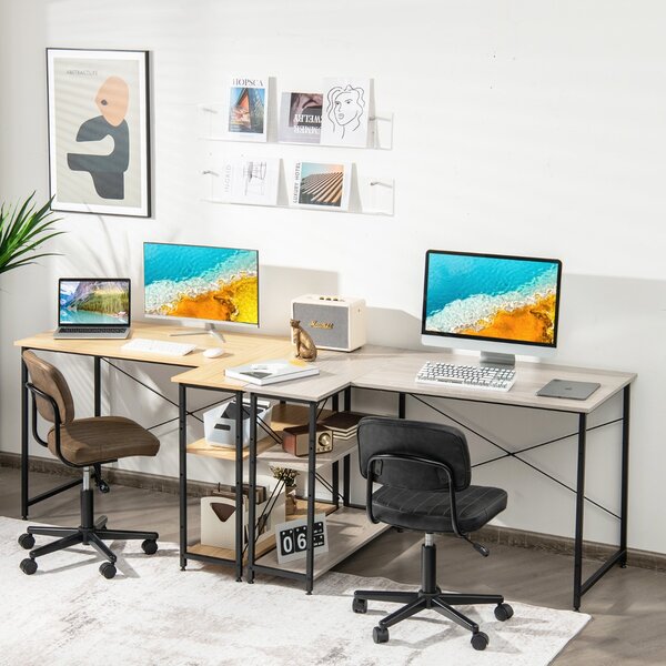 Costway Scrivania angolare 120cm con 2 ripiani, Scrivania per computer ad angolo da ufficio reversibile salvaspazio Naturale