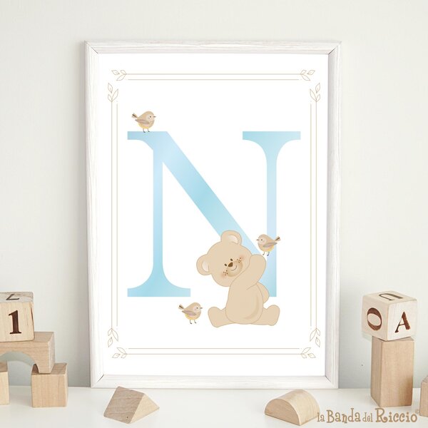 Quadro cameretta Iniziale nome con Orsetto Azzurro / cm 30x40