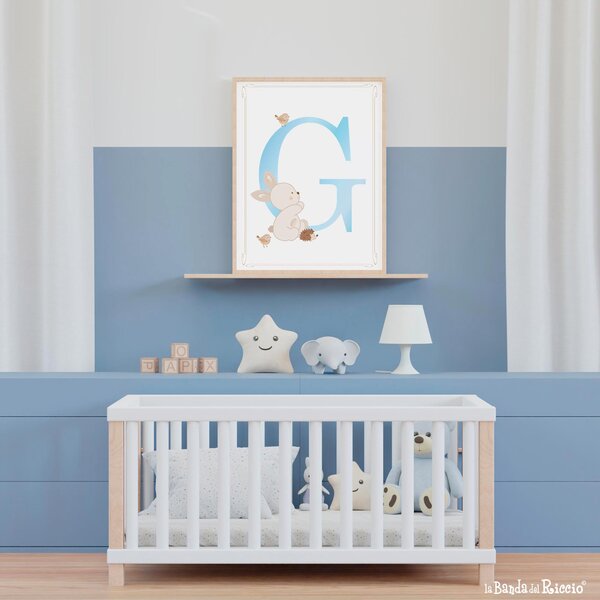 Quadro cameretta Iniziale nome con Coniglietto Azzurro / cm 30x40