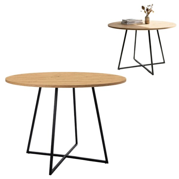 Tavolo rotondo YAMA B di EstiloHome, diametro 90 cm, legno di quercia "Artisan" – tavolo da cucina con struttura in metallo