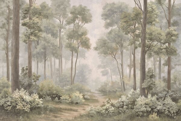 Carta da parati Foresta nebbiosa con un sentiero che si snoda tra alberi e cespugli, Carta da parati Buffer, w05889v2 : Uwalls.it