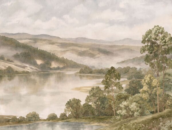 Carta da parati Paesaggio montano nebbioso con un lago e degli alberi, Carta da parati Buffer, w05928v2 : Uwalls.it