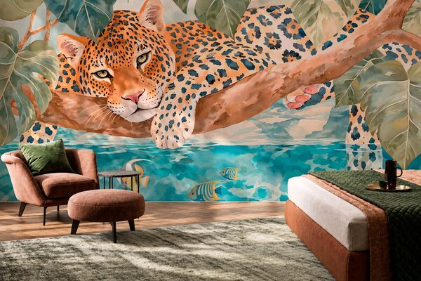 Carta da parati Leopardo sull’acqua blu, Carta da parati Buffer, w05954 : Uwalls.it