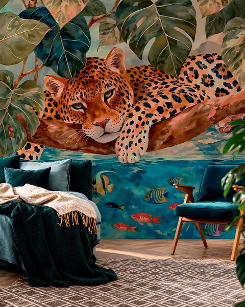Carta da parati Un leopardo tra le foglie tropicali sopra l'acqua con dei pesci, Carta da parati Buffer, w05954v1 : Uwalls.it