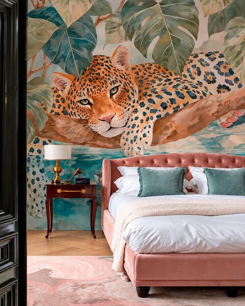 Carta da parati Leopardo sull’acqua blu, Carta da parati Buffer, w05954 : Uwalls.it
