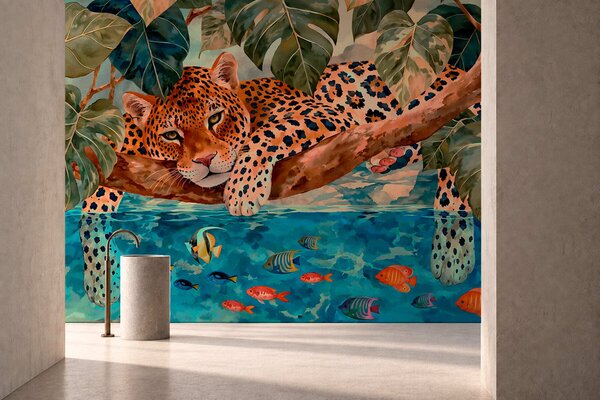 Carta da parati Un leopardo tra le foglie tropicali sopra l'acqua con dei pesci, Carta da parati Buffer, w05954v1 : Uwalls.it