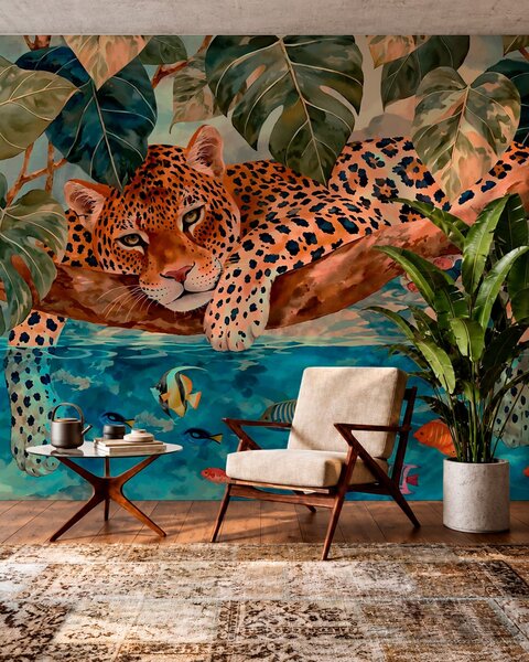 Carta da parati Un leopardo tra le foglie tropicali sopra l'acqua con dei pesci, Carta da parati Buffer, w05954v1 : Uwalls.it