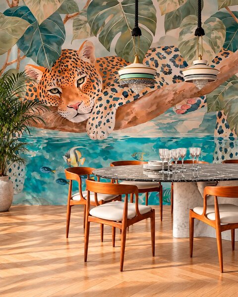 Carta da parati Leopardo sull’acqua blu, Carta da parati Buffer, w05954 : Uwalls.it