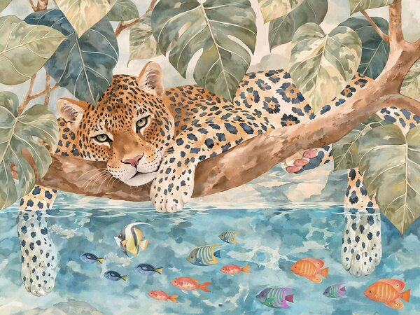 Carta da parati Leopardo sull’acqua blu, Carta da parati Buffer, w05954 : Uwalls.it
