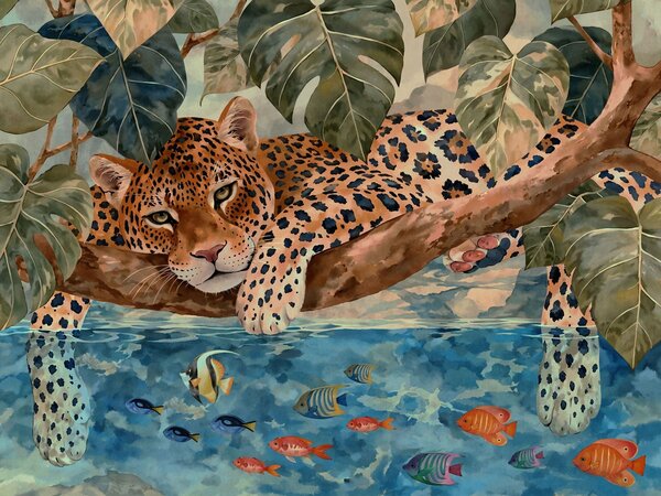 Carta da parati Un leopardo tra le foglie tropicali sopra l'acqua con dei pesci, Carta da parati Buffer, w05954v1 : Uwalls.it