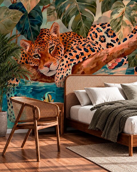Carta da parati Un leopardo tra le foglie tropicali sopra l'acqua con dei pesci, Carta da parati Buffer, w05954v1 : Uwalls.it