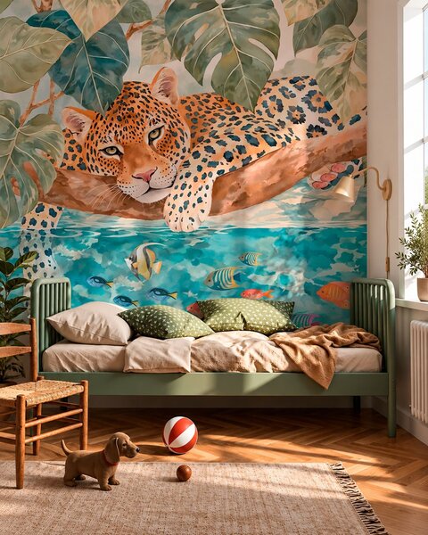 Carta da parati Leopardo sull’acqua blu, Carta da parati Buffer, w05954 : Uwalls.it