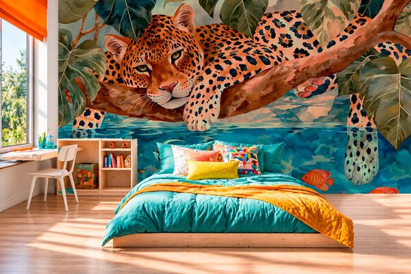 Carta da parati Un leopardo tra le foglie tropicali sopra l'acqua con dei pesci, Carta da parati Buffer, w05954v1 : Uwalls.it