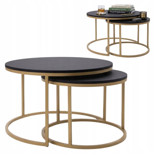 Set di tavolini EstiloHome ORI DUO GOLD, forma rotonda, 80/60 cm, colore nero – Set di tavolini