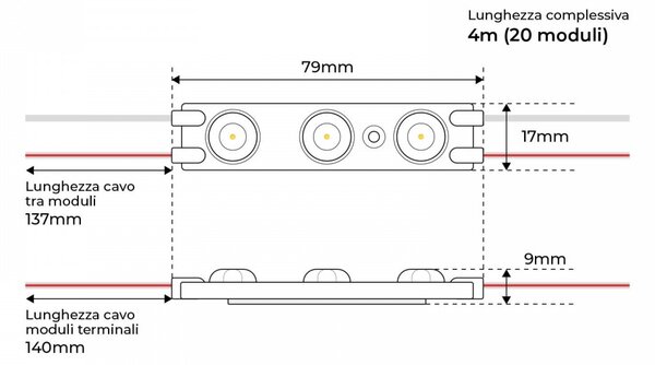 Catena da 20 moduli da 1.5W LED OSRAM 12VDC, IP67 da 125lm/W Colore Bianco Naturale 4.000K