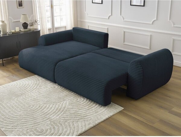 Divano angolare in blu scuro allungabile (con penisola a sinistra) con rivestimento in velluto a coste Lucien – Bobochic Paris