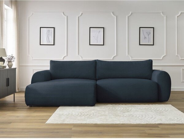 Divano angolare in blu scuro allungabile (con penisola a sinistra) con rivestimento in velluto a coste Lucien – Bobochic Paris