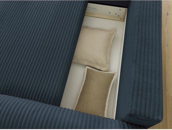 Divano angolare in blu scuro allungabile (con penisola a sinistra) con rivestimento in velluto a coste Lucien – Bobochic Paris