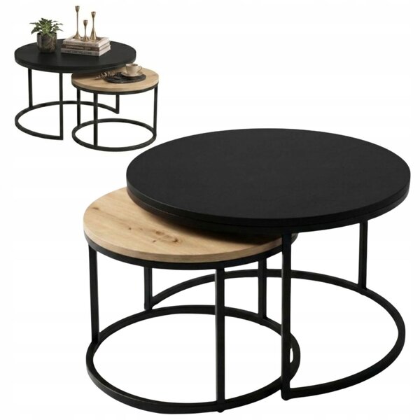 Set di tavolini EstiloHome DUO, forma rotonda, 80/60 cm, nero e rovere "Artisan" – set di 2 tavolini