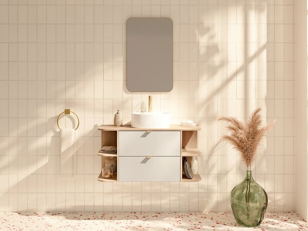 Mobile lavabo sospeso con nicchie e lavabo da appoggio rotondo Beige e naturale chiaro 100 cm - LAVENA