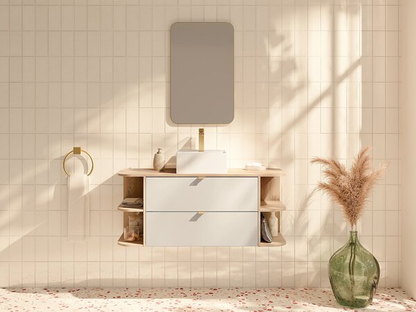 Mobile lavabo sospeso con nicchie e lavabo da appoggio quadrato Beige e naturale chiaro 120 cm - LAVENA