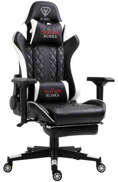 Poltrona da ufficio Chair Racing con poggiapiedi e braccioli ergonomici 4D, design sportivo ed ergonomico, colore: nero/bianco