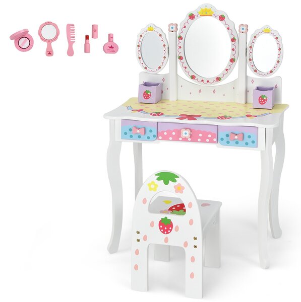 Costway Set toeletta con specchio tripartito per bambini, Set tavolo e sedia con 3 cassetti 2 scatole sgabello Bianco