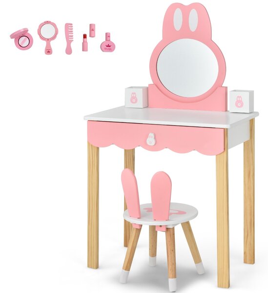Costway Set tavolo toeletta e sedia per bambini, Set toeletta con specchio cassetti scatole per bambini e bambine Bianco