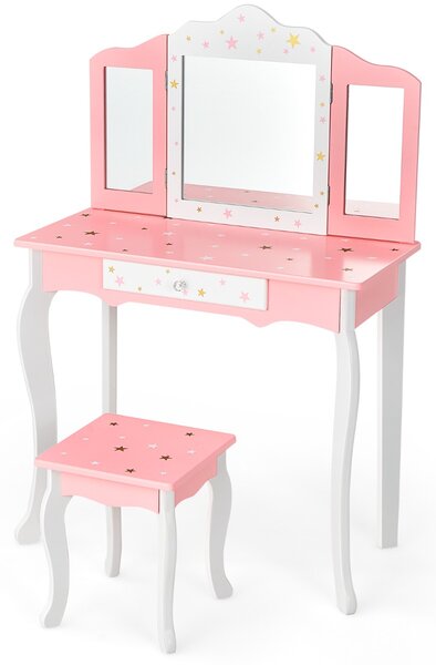 Costway Set tavolo toeletta e sgabello con specchio tripartito per bambini, Set toeletta finto con cassetto Rosa