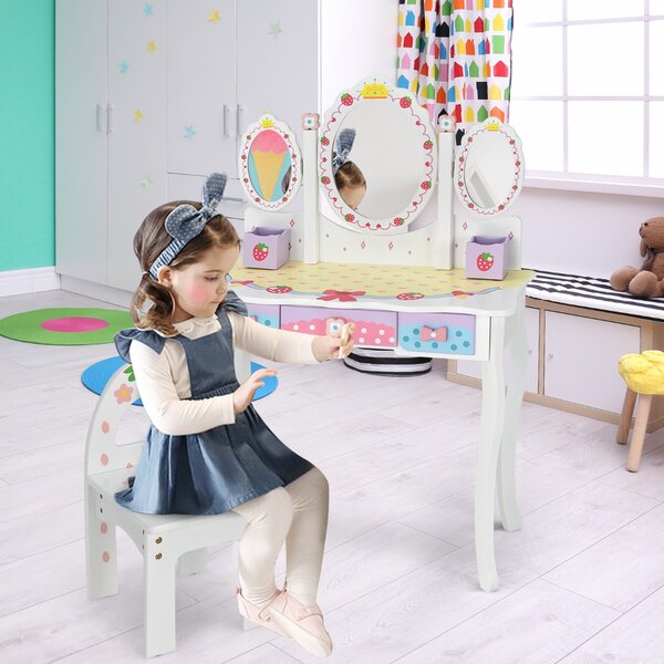 Costway Set toeletta con specchio tripartito per bambini, Set tavolo e sedia con 3 cassetti 2 scatole sgabello Bianco