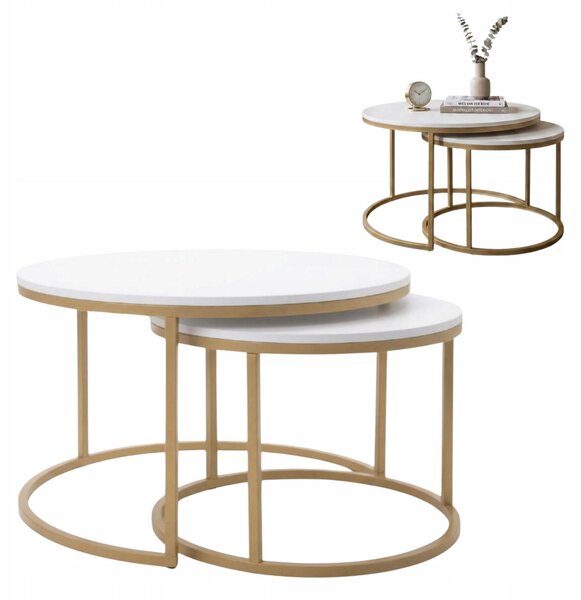 Set di tavolini EstiloHome ORI DUO GOLD, forma rotonda, 80/60 cm, colore bianco – Set di tavolini