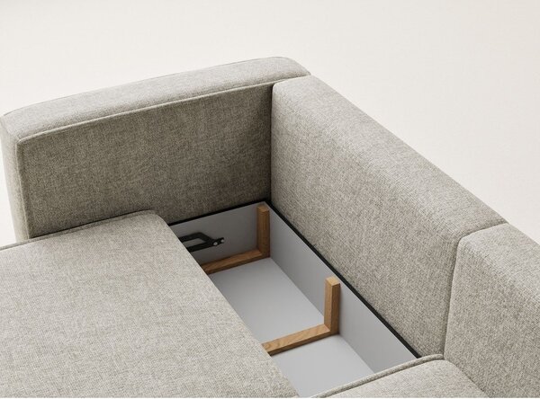 Divano angolare beige allungabile/con contenitore (con penisola a destra/con chaise lounge) con rivestimento in ciniglia Velto – Maison de Rêve