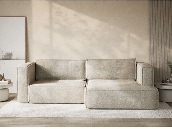 Divano angolare beige allungabile/con contenitore (con penisola a destra/con chaise lounge) con rivestimento in ciniglia Velto – Maison de Rêve