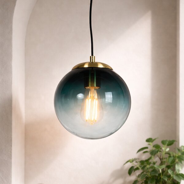 Lampada a sospensione Art Déco in ottone con vetro blu oceano 20 cm - Pallon