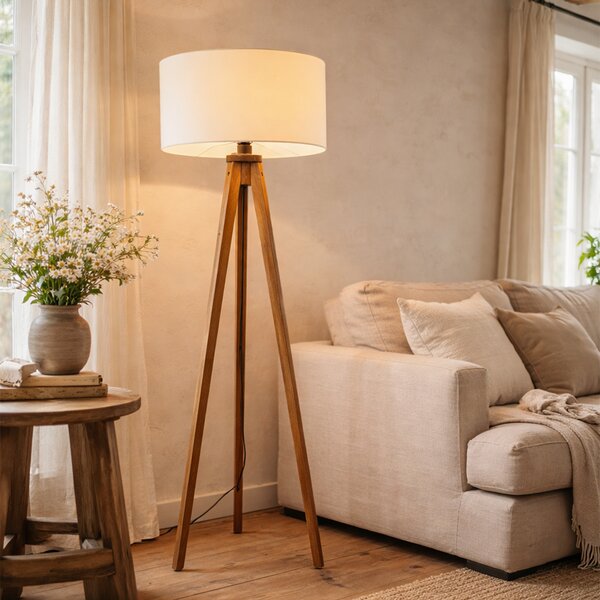 Lampada da terra a treppiede rustica in legno vintage con paralume bianco 50 cm - Tripod Classic