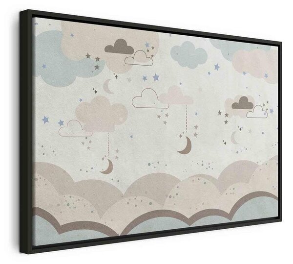 Quadro - Cloudy Night Sky - Moons in Brown and Beige Hues Among Clouds and Numerous Little Stars on a Light Background
